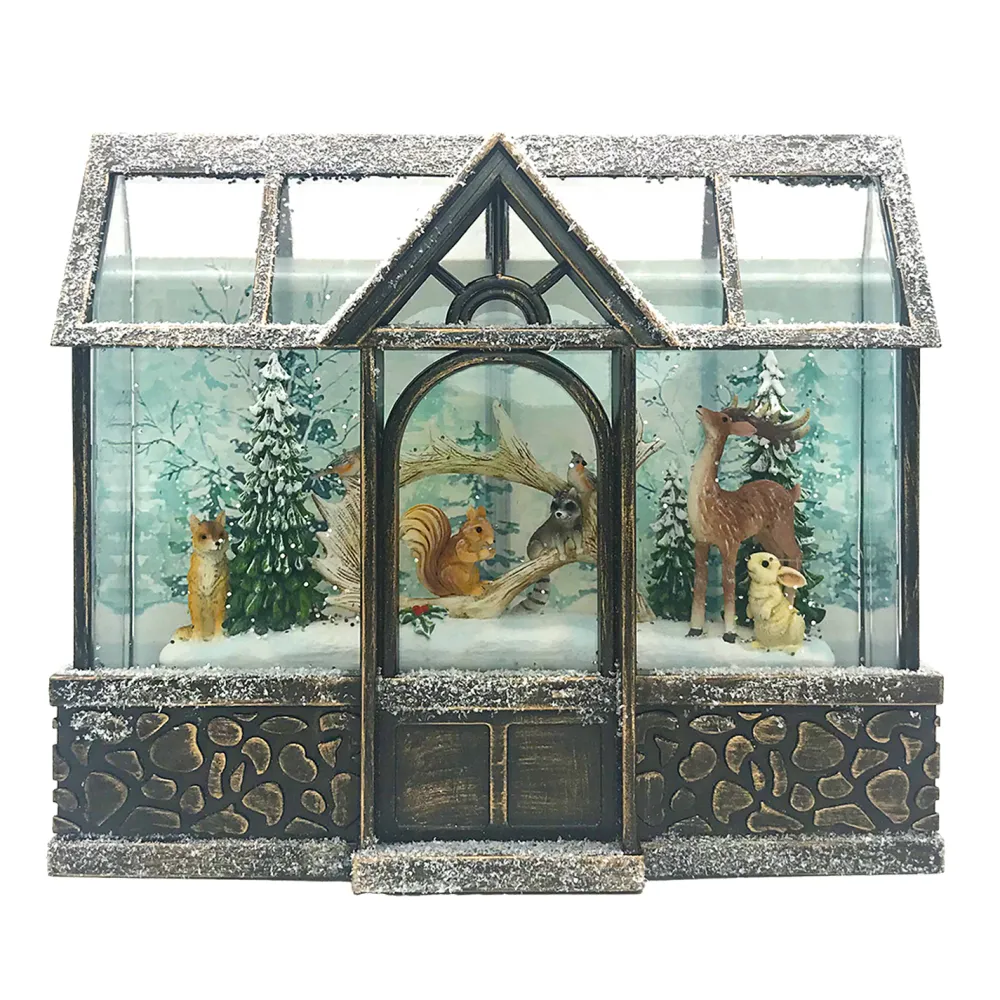 Discount Christmas Forever WATER GLOBE FROSTED GREEN HOUSE W/ ANIMALS 9″X8″ W/ GLITTER SPINNER, LED LIGHT, B/O