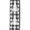 Clearance Christmas Forever WIRED RIBBON 2.5″X10 YDS BLACK/ WHITE CHECK W/ WHITE TREES