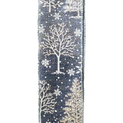 Sale Christmas Forever WIRED RIBBON 2.5″X10 YDS BLUE/ GRAY W/ TREE AND SNOWFLAKE