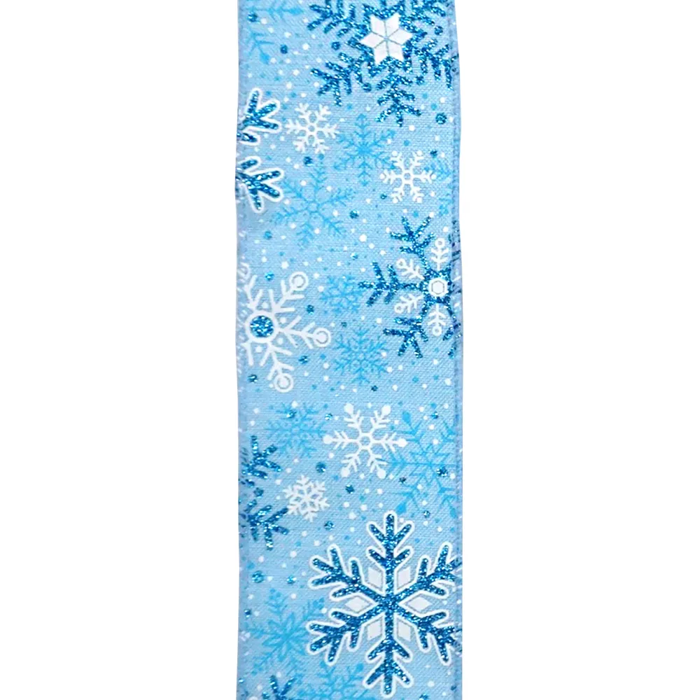 Outlet Christmas Forever WIRED RIBBON 2.5″X10 YDS BLUE- LIGHT WITH GLITTER SNOWFLAKES