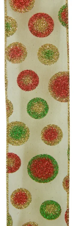Clearance Christmas Forever WIRED RIBBON 2.5″X10 YDS IVORY W/ GOLD, RED, GREEN GLIITER DOTS