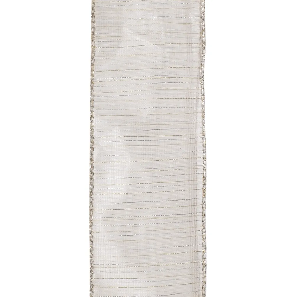 Clearance Christmas Forever WIRED RIBBON 2.5″X10 YDS IVORY W/ GLD/ SIL IRR. STRIPES