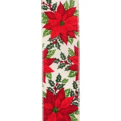 Clearance Christmas Forever WIRED RIBBON 2.5″X10 YDS IVORY W/ RED POINSETTIA & HOLLY