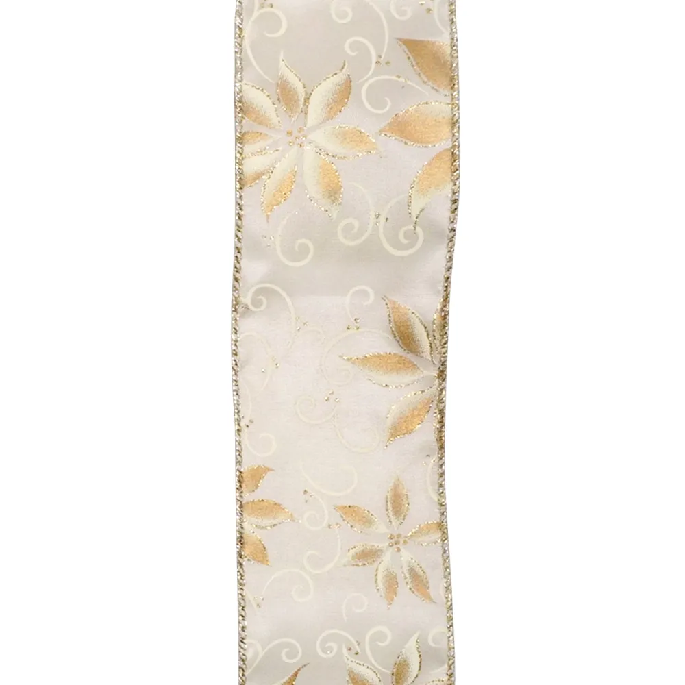 Hot Christmas Forever WIRED RIBBON 2.5″X10 YDS IVORY W/ GOLD HOLIDAY POINSETTIA