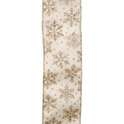 Best Christmas Forever WIRED RIBBON 2.5″X10 YDS IVORY W/ GOLD GLITTER SNOWFLAKES