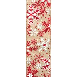 Christmas Forever WIRED RIBBON 2.5″X10 YDS NATURAL W/ RED GLITTER SNOWFLAKES
