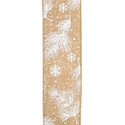 New Christmas Forever WIRED RIBBON 2.5″X10 YDS NATURAL W/ WHITE PINE & SNOWFLAKES