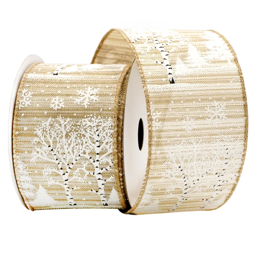 Sale Christmas Forever WIRED RIBBON 2.5″x10 YDS. NATURAL W/ WHITE TREES