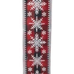 Christmas Forever WIRED RIBBON 2.5″X10 YDS RED/ BLACK CHECK PLAID W/ WHITESNOWFLAKES