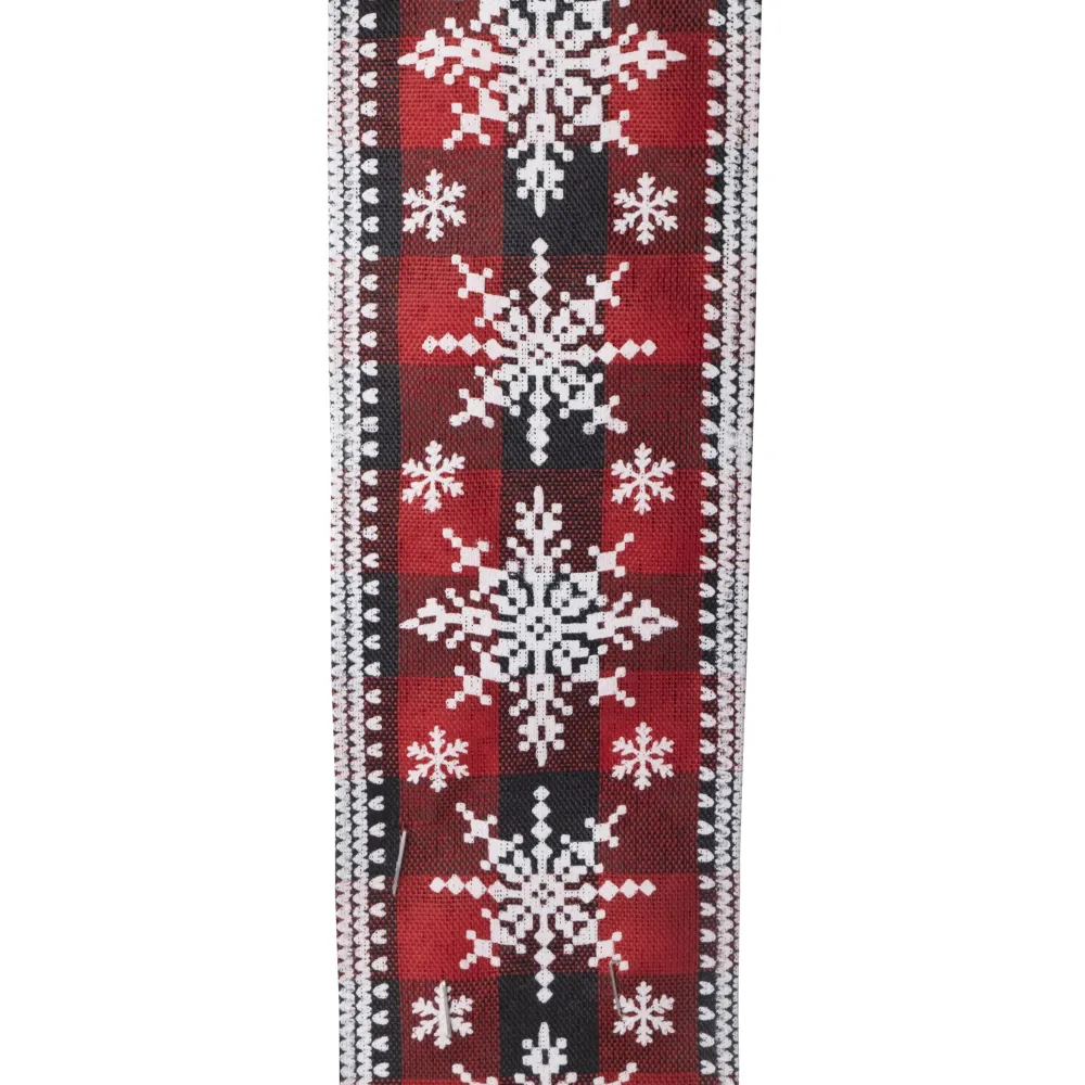 Christmas Forever WIRED RIBBON 2.5″X10 YDS RED/ BLACK CHECK PLAID W/ WHITESNOWFLAKES