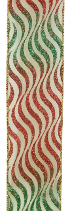 Outlet Christmas Forever WIRED RIBBON 2.5″X10 YDS RED/ GREEN W/ WAVE STRIPE / GLITTER