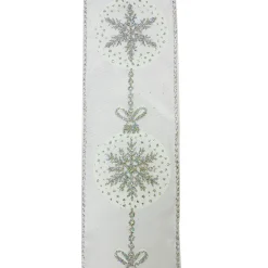 Christmas Forever WIRED RIBBON 2.5″X10 YDS WHITE W/ SILVER SNOWFLAKES IN BALL