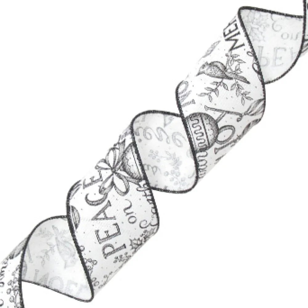 Best Christmas Forever WIRED RIBBON 2.5″x10 YDS. WHITE IMITATED COTTON W/ BLACK XMAS LETTERS & ORN.