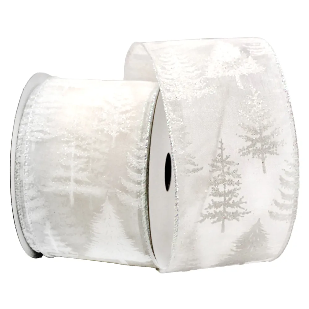New Christmas Forever WIRED RIBBON 2.5″x10 YDS. WHITE SHEER W/ TREES