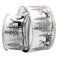 Clearance Christmas Forever WIRED RIBBON 2.5″x10 YDS. WHITE W/ BLACK WHITE REINDEERS & TREES