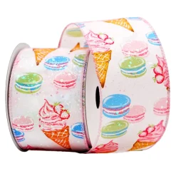 Hot Christmas Forever WIRED RIBBON 2.5″x10 YDS. WHITE/PINK W/ MULTI MACAROONS & ICE CREAM