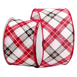 Christmas Forever WIRED RIBBON 2.5″x10 YDS. WHITE/RED/BLACK W/ LATTICE