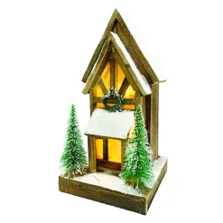 Discount Christmas Forever WOODEN NAT. CHURCH 9.5″x12.5″ WITH LED LIGHTS SNOW & TREES