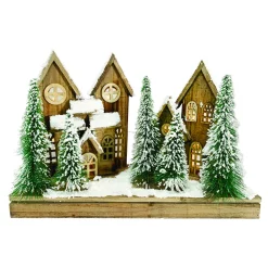 Best Christmas Forever WOODEN NAT. VILLAGE SCENE 17.5″x12″ W/ LED LIGHTS SNOW & TREES