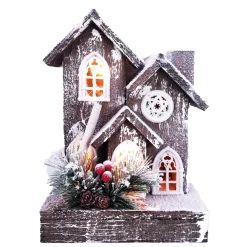 New Christmas Forever WOODEN NAT./FLOCKED HOUSE 10.5″+10L W/ LED B/O (NOT INCLUDED) W/ TIMER