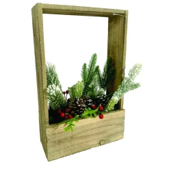 Clearance Christmas Forever WOODEN PLANTER BOX 6″ X 15″ W/ FLOCKED GREENERY AND RED BERRIES