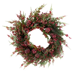 Discount Christmas Forever WREATH GRN 24″ CEDAR, RED BERRIES & CONES FROSTED