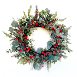 Online Christmas Forever WREATH GRN 20″ MIXED GREENERY, RED BERRIES & BELLS