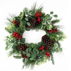 Christmas Forever WREATH MIXED PINE, EUCALYPTUS, CONES & BERRIES 28″ GREEN/RED