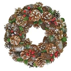 Discount Christmas Forever WREATH PINE CONES 14″ WHITE PAINTING W/ RED BERRIES & GREENS