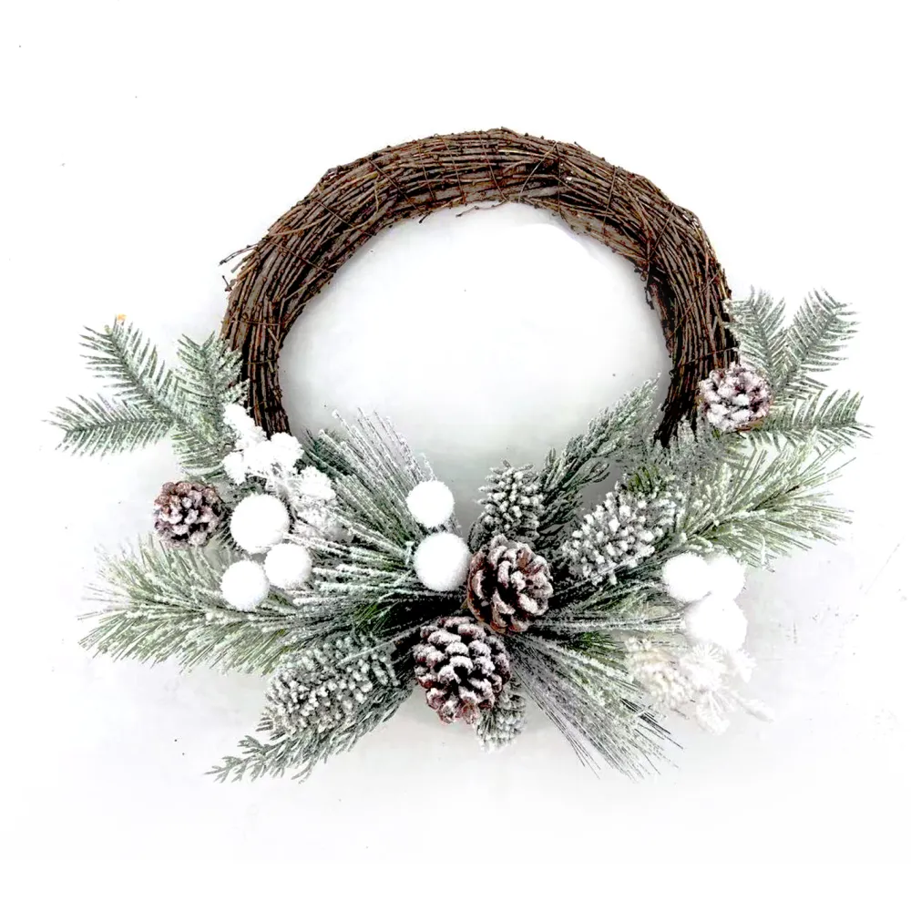 Sale Christmas Forever WREATH RATTAN 17.5″ FLOCKED MIXED PINE W/ PINE CONE AND WHITE SNOW BALLS