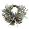 Best Christmas Forever WREATH RATTAN 24″ MIXED GREENERY, RED BERRY & CONEDS ICED/ FROSTED