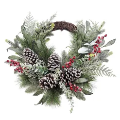 Best Christmas Forever WREATH RATTAN 24″ MIXED GREENERY, RED BERRY & CONEDS ICED/ FROSTED