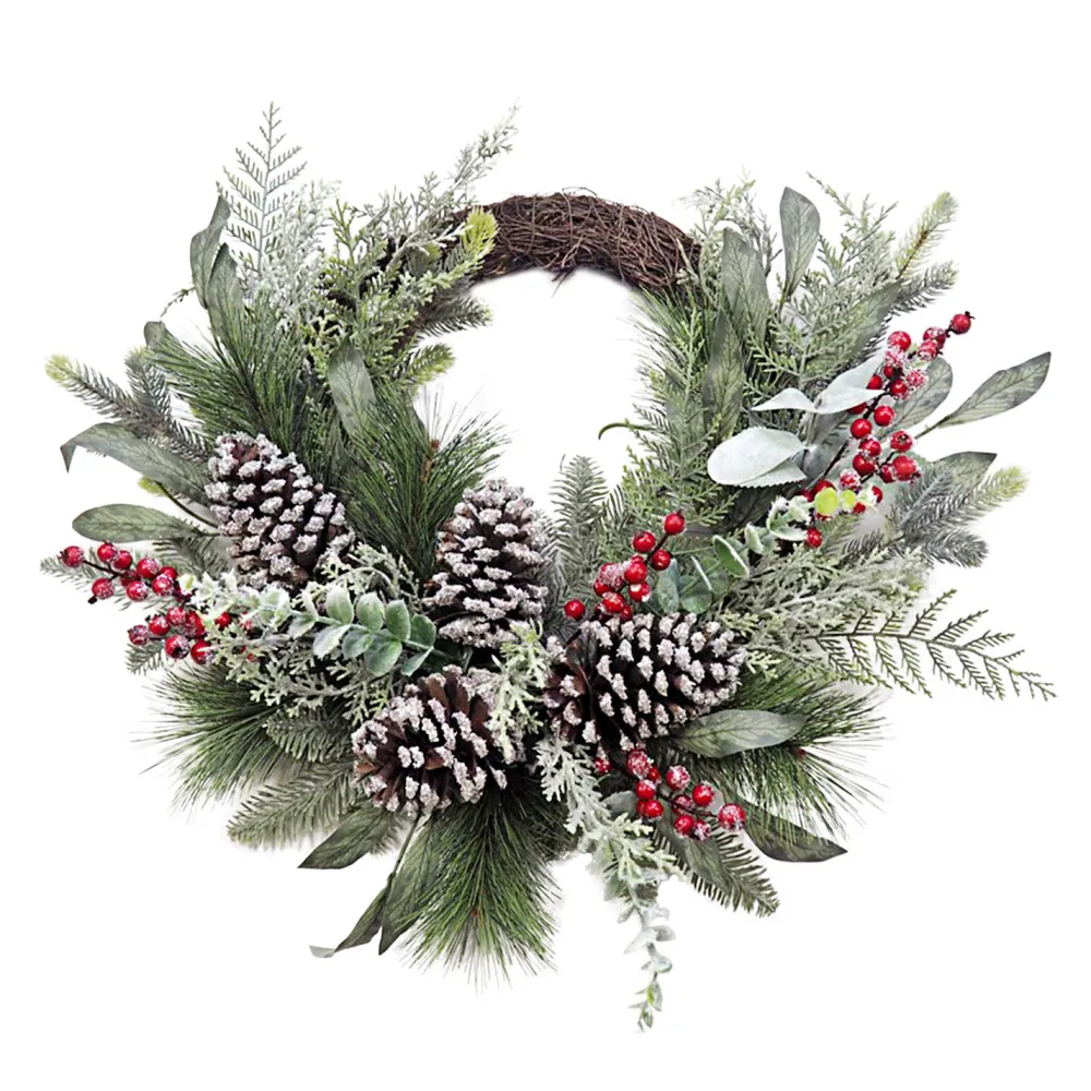Best Christmas Forever WREATH RATTAN 24″ MIXED GREENERY, RED BERRY & CONEDS ICED/ FROSTED