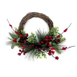 New Christmas Forever WREATH RATTAN 17.5″ MIXED RED BERRIES WITH PINE AND GREENERY