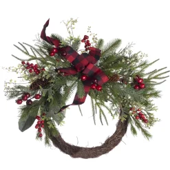 Best Christmas Forever WREATH RATTAN 22″ MULTI NEEDLE PINE W/ BERRIES & RED/BLK BUFFALO PLAID BOW