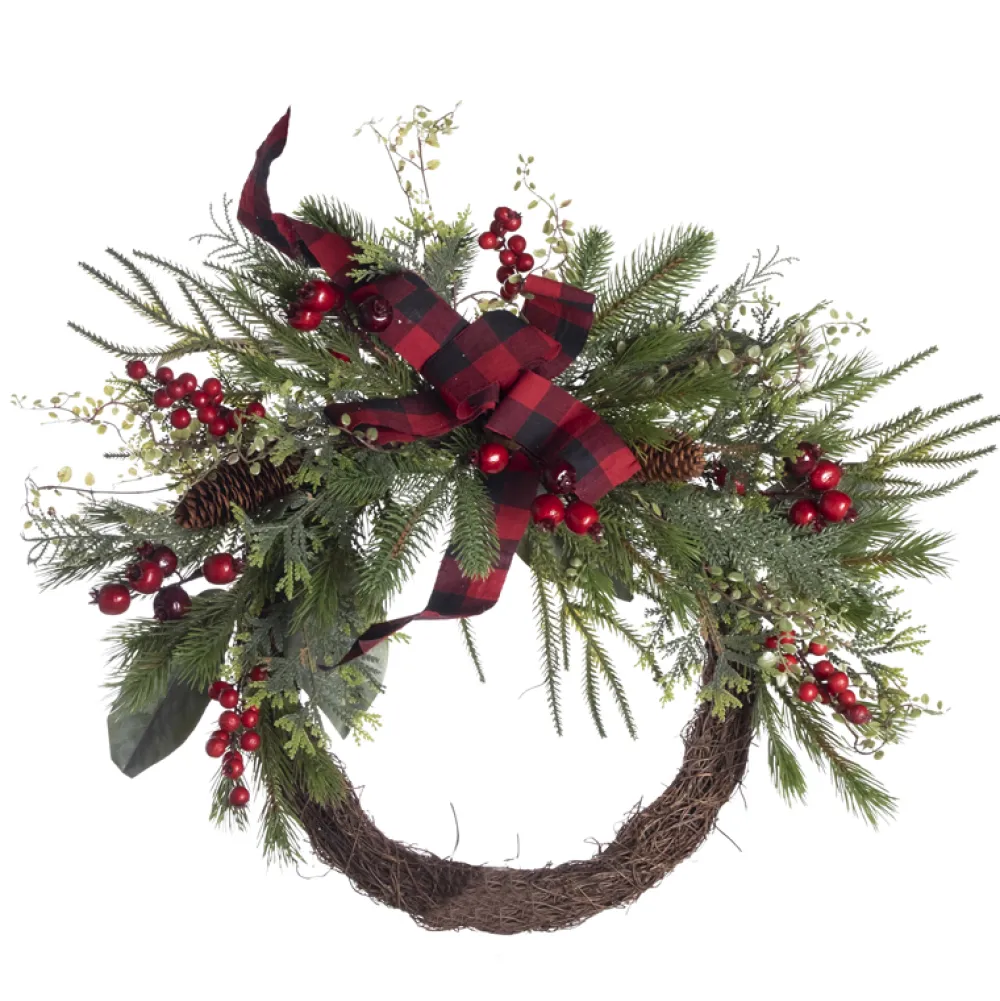 Best Christmas Forever WREATH RATTAN 22″ MULTI NEEDLE PINE W/ BERRIES & RED/BLK BUFFALO PLAID BOW