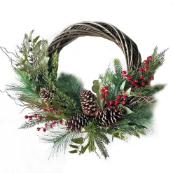 Online Christmas Forever WREATH RATTAN 24″ RED BERRY, MIXED GREENERY & PINE CONES FROSTED