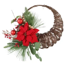 Sale Christmas Forever WREATH RATTAN 24″ RED POINSETTIA/ BERRY & BALLS IN CORNUCOPIA