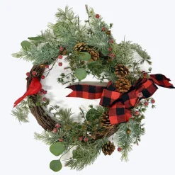 Sale Christmas Forever WREATH RATTAN 20″ W/ MIXED GREENS, CARDINAL & BLK/ RED BUFFALO PLAID BOW