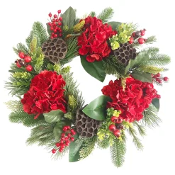 Outlet Christmas Forever WREATH RED HYDRANGEA 24″ W/LOTUS PODS, MIXED GREENS & RED BERRIES