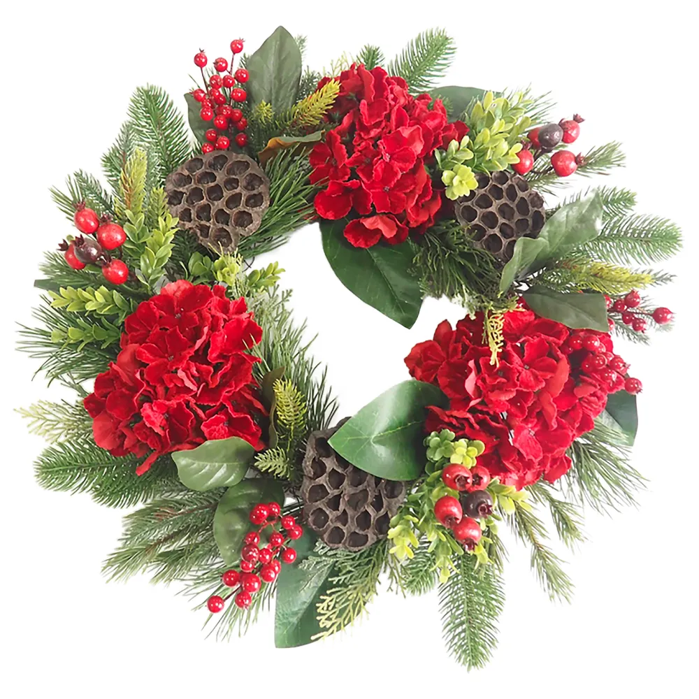 Outlet Christmas Forever WREATH RED HYDRANGEA 24″ W/LOTUS PODS, MIXED GREENS & RED BERRIES