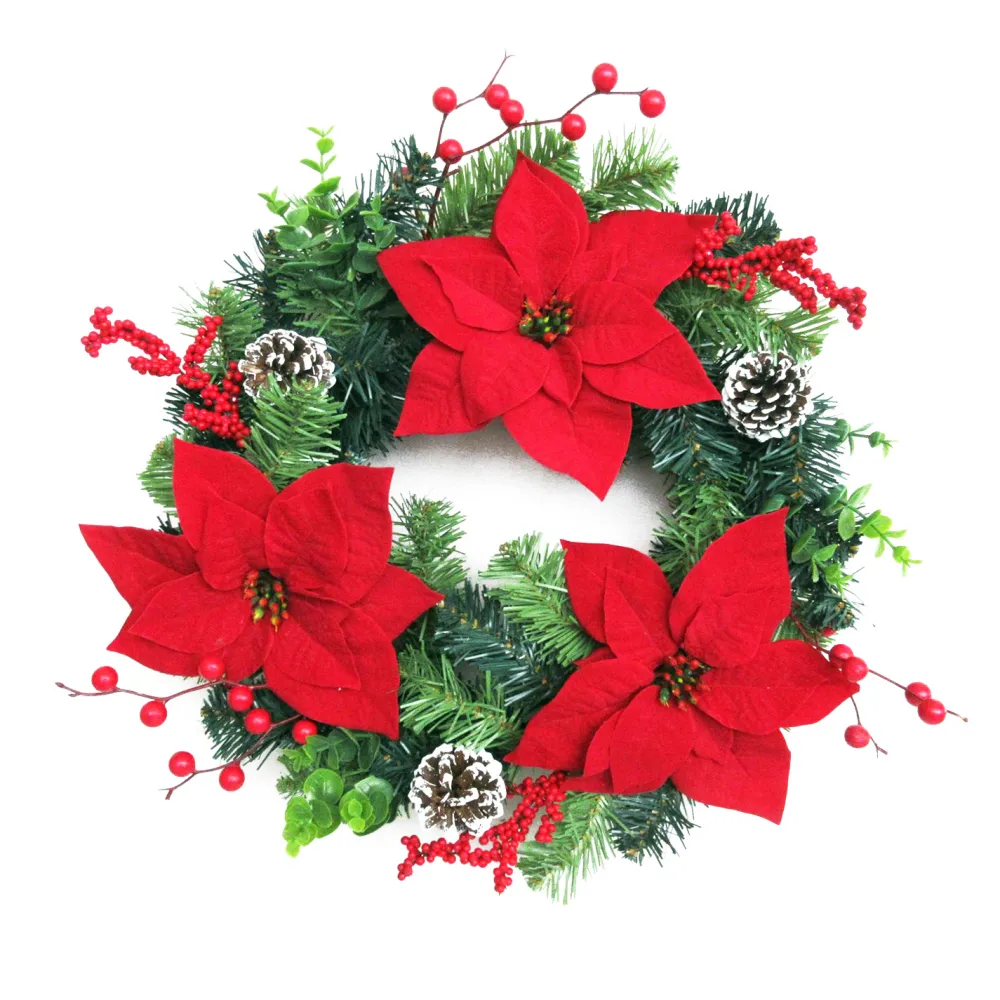 Discount Christmas Forever WREATH RED POINSETTIA 20″ W/BERRY EUCALYPTUS & CONE
