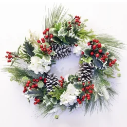 Sale Christmas Forever WREATH WHITE HYDRANGEA 22″ PINE NEEDLE W/ CONE & BERRIES