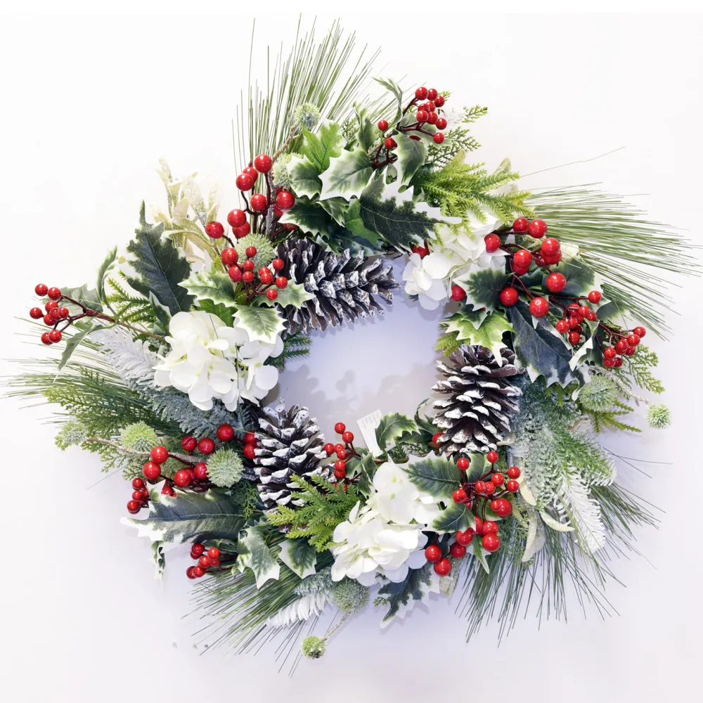Sale Christmas Forever WREATH WHITE HYDRANGEA 22″ PINE NEEDLE W/ CONE & BERRIES