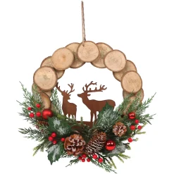 Discount Christmas Forever WREATH WOODEN 12.5″ W/ MIXED PINE, RED BERRIES, PINE CONES & COPPER REINDEER